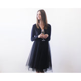 Black midi length tulle gown with long sleeves , Black bridesmaids tulle gown - Pret A Mode - 2