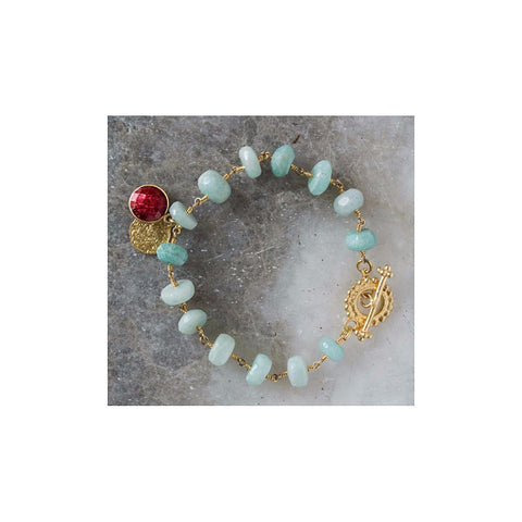 Felicity Amazonite Gold Bracelet with Ruby Charm - Pret A Mode