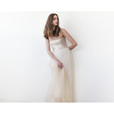 Gold champagne strapless sequined tulle gown - Pret A Mode - 1