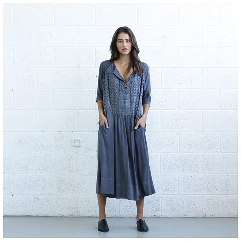 Embroidered Lace Up Dress, Gray - Pret A Mode - 1
