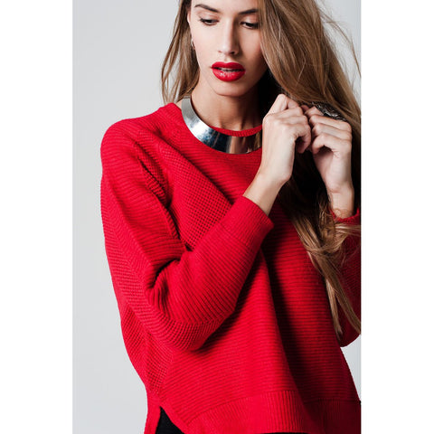 Asymmetric red sweater crossed knit with side slits - Pret A Mode - 1