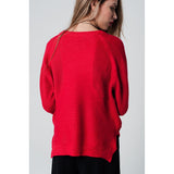 Asymmetric red sweater crossed knit with side slits - Pret A Mode - 2