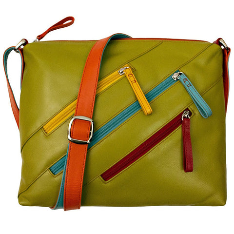 Leather Crossbody Bag with 3 Zippers - Citrus - Pret A Mode