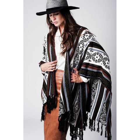 Geo-Tribal Pattern Fringed Poncho - Pret A Mode - 1