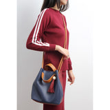 Faux Leather Colorblock Bucket Bag With Tassel Charm - Pret A Mode - 3