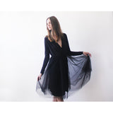 Black midi length tulle gown with long sleeves , Black bridesmaids tulle gown - Pret A Mode - 3