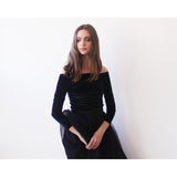 Black velvet off-shoulder top , Long sleeves velvet blouse, - Pret A Mode - 4