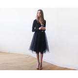 Black midi length tulle gown with long sleeves , Black bridesmaids tulle gown - Pret A Mode - 1