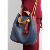 Faux Leather Colorblock Bucket Bag With Tassel Charm - Pret A Mode - 1