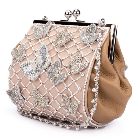 Ruche & Hues Butterfly-Kiss Embellished Minaudière Beige - Pret A Mode - 1