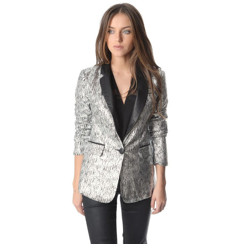 Silver blazer with metallic sheer and faux leather lapel - Pret A Mode - 1