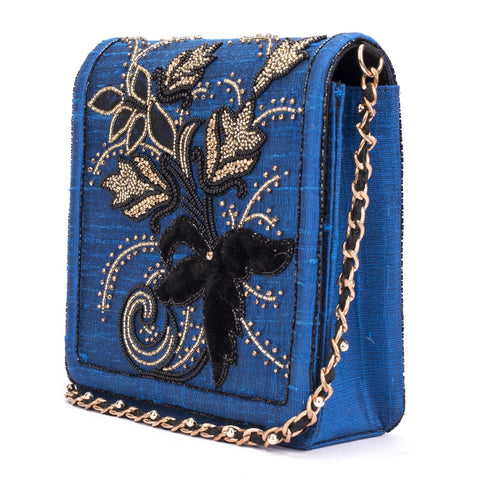 Ruche & Hues Royal Floral Silk Messenger Blue/Gold - Pret A Mode - 1