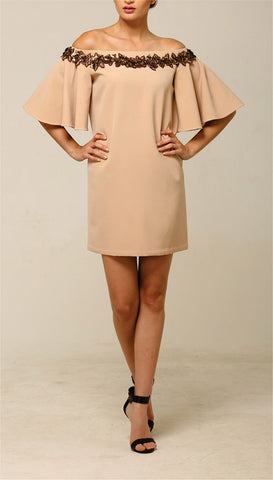 Off-Shoulder Dress with faux leather flowers - Pret A Mode - 1