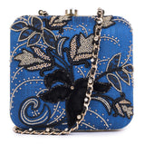 Ruche & Hues Royal Floral Silk Minaudière Blue/Gold - Pret A Mode - 3