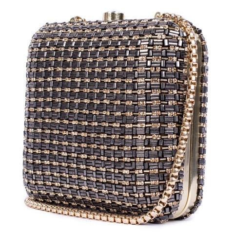 Ruche & Hues Metallic Bling Minaudière Grey/Gold - Pret A Mode - 1