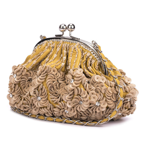 Ruche & Hues Floral Crystals Leather Minaudière Yellow - Pret A Mode - 1